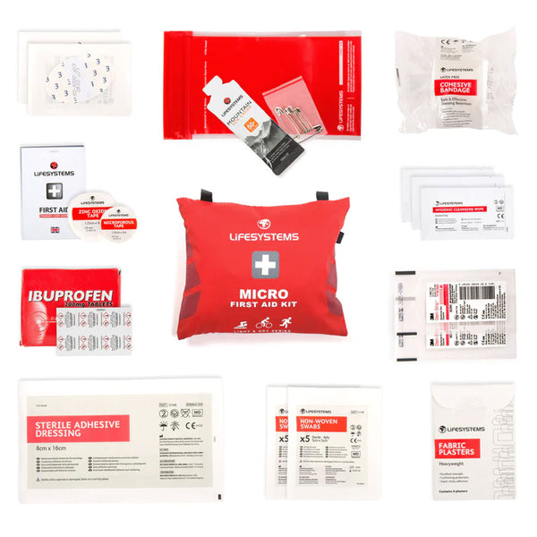 Lifesystems Light and Dry micro first aid kit contents laid out flat