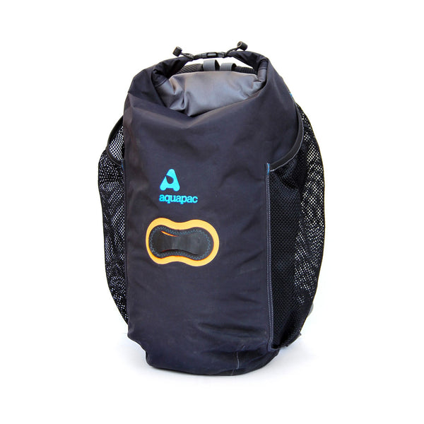 Aquapac wet and dry lightweight waterproof backpack in 25 litres black front detail