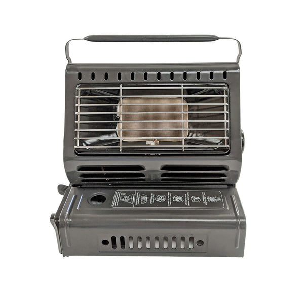Front detail of Bright Spark portable camping gas heater with the handle raised
