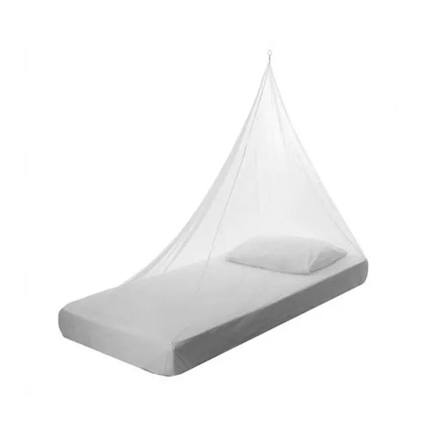 Care Plus wedge shape single mosquito net shown in use with a  single mattress