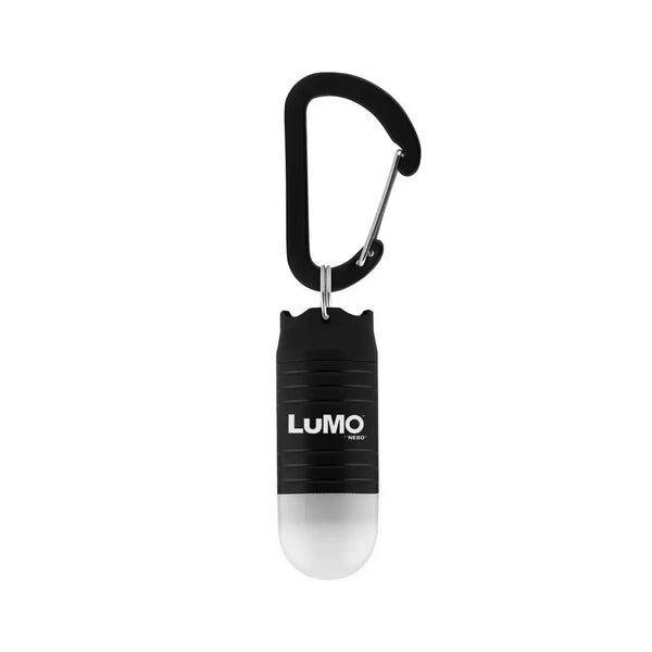 Black version of IProtec Pro Lumo 25 Lumens clip light with carabiner attachment 