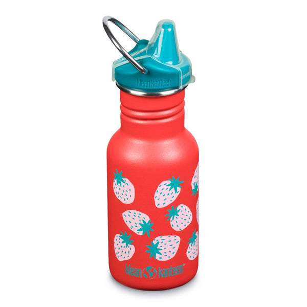 Klean Kanteen kids classic stainless steel 355ml water bottle with a sippy cap in red strawberries colour