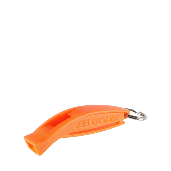 Lifesystems Echo tough plastic survival whistle in orange colour viewed from the side