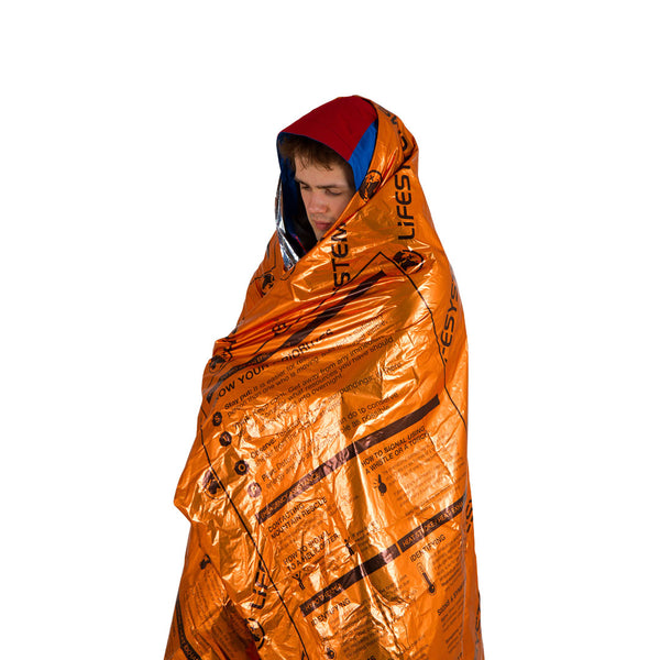 Lifesystems heatshield single thermal blanket wrapped around a person