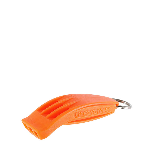 Lifesystems Hurricane survival whistle in orange colour from the side