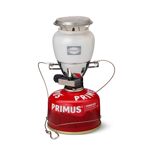 Studio shot on a white background of Primus Easy Light Lantern sitting atop a Primus power gas canister