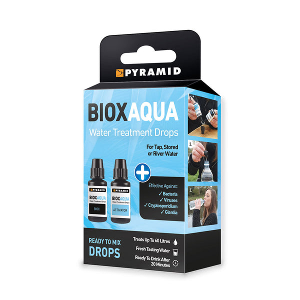 Packaging detail for Pyramid Biox Aqua chlorine dioxide water purification drops
