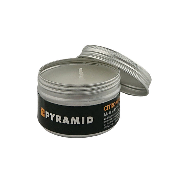 Pyramid insect repellent citronella candles with the lid unscrewed showing the wick