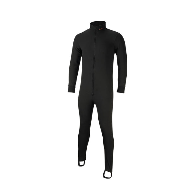 Front detail of a Sub Zero Factor 2 thermal mid layer onesie in black colour photographed on a white background