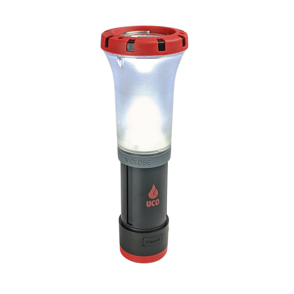 UCO Arka rechargeable 180 lumens LED lantern and torch upright front view with the globe extended