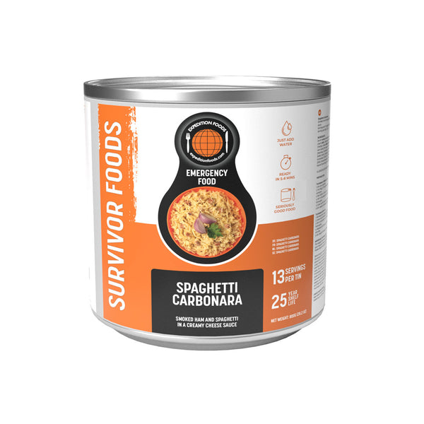 Front tin detail of Expedition Foods Survivor Range of freeze dried spaghetti carbonara