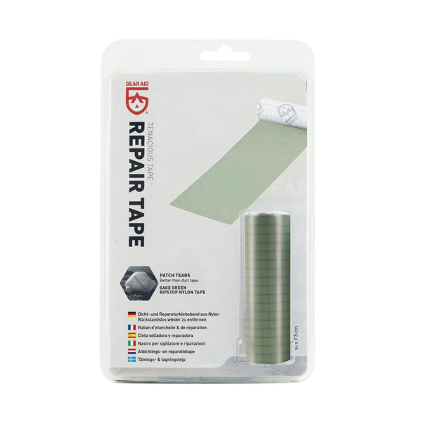 Gear Aid Tenacious repair tape in ripstop sage green shown in its packaging photographed on a white background