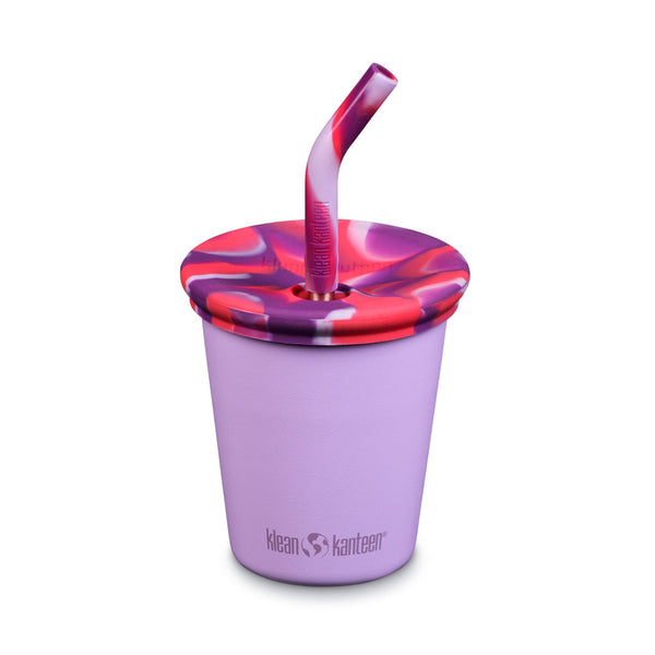 Klean Kanteen stainless steel 296ml kid cup phtographed form the fornt showing the lid and straw in  Crocus Petal colour