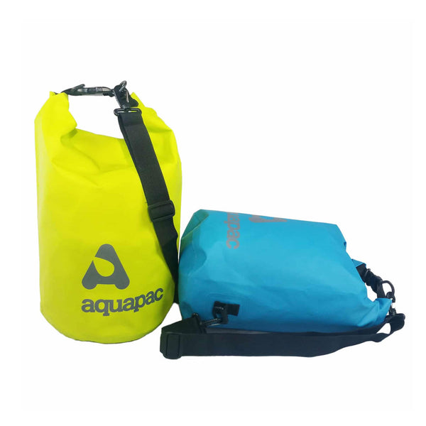 Aquapac heavyweight waterproof dry bags in lime and aqua blue colour in 7 litre versions