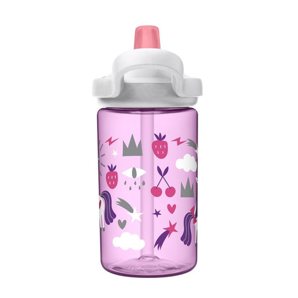 Studio shot on a white background of the back of the Camelbak childrens Eddy plastic water bottle in 410ml showing the unicorn graphics and pop top drinking spout