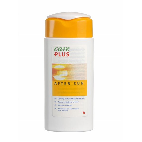 Front 100ml bottle detail of Care Plus soothing after sun lotion 