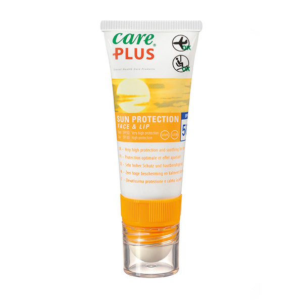 Front detail of Care Plus sun cream and lip salve stick photographed on a white background