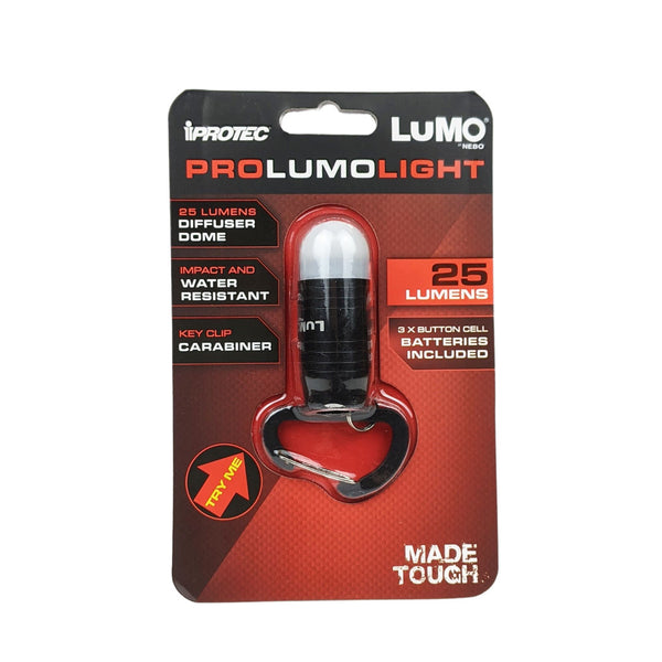 Black version of IProtec Pro Lumo 25 Lumens clip light with carabiner attachment  in its packaging