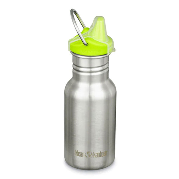 Klean Kanteen kids classic stainless steel 355ml water bottle with a sippy cap in silver colour