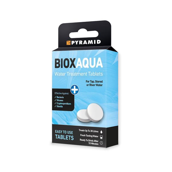 Packaging details of Pyramid Biox Aqua chlorine dioxide water purification tablets