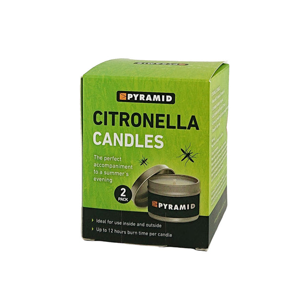 Front packaging detail for Pyramid insect repellent citronella candles