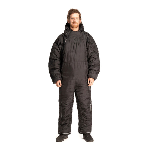 Studio shot on a white background of a Selk'Bag Original 6G sleeping bag suit worn by a male showing the front detail